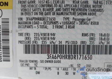 2013 Ford Fusion Se из США, поврежденный, VIN 3FA6P0HR8DR171650